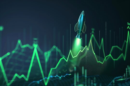 A glowing green graph with a rocket soaring upwards on a dark navy background.