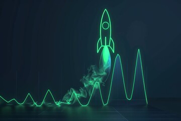 A glowing green graph with a rocket soaring upwards on a dark navy background.