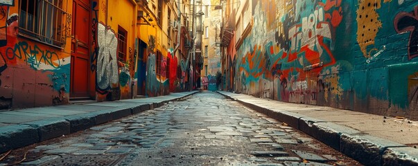Fototapeta premium Enigmatic alleyway adorned with colorful murals, 4K hyperrealistic photo