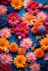 Fototapeta premium vibrant colorful flower blooms arranged playful flat lay composition showcasing beauty diversity, arrangement, botanical, bright, cheerful, colors, creative