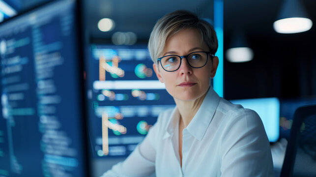 A focused female IT professional wearing glasses is seen working in a modern data center, surrounded by multiple monitors displaying complex data and graphs.