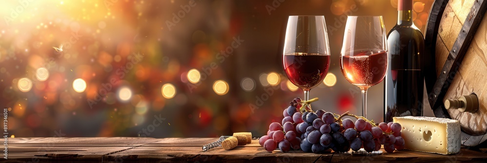 Poster wine glasses filled with red wine stand next to a wine bottle, a bunch of grapes, and cheese on a ru
