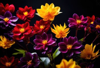 Fototapeta premium vibrant exotic blossoms displayed rich dark surface creating striking visual contrast, flower, petal, color, design, background, nature, beauty, decoration