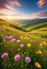 Fototapeta premium vivid blooms enhancing tranquil landscapes colorful flora serene scenery nature, flowers, petals, gardens, greenery, sunlight, beauty, vibrant, plants