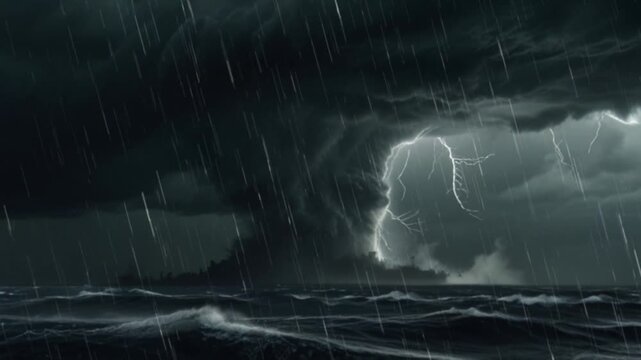 A view of a giant tornado in the middle of the sea during a thunderstorm, heavy rain accompanied by terrifying lightning
