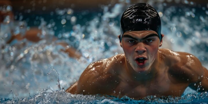 Intense photograph of a competitive swimmer mid-butterfly stroke, displaying focus and determination in a swimming race