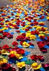 Obraz premium vibrant petals scatter across pavement kaleidoscope colors creating beautiful natural mosaic, rainbow, lgbtq, lgbt, pride, colorful, love, equality