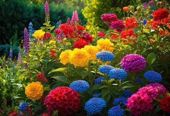vibrant display colorful flowers illuminated natural light lush garden setting, bloom, petal, flora, vivid, bright, botanical, beauty, sunlight, outdoor
