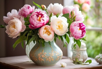 serene floral arrangement showcasing palette soft colors lush greenery elegant display, bouquet, flowers, prominent, vase, composition, design, aesthetic