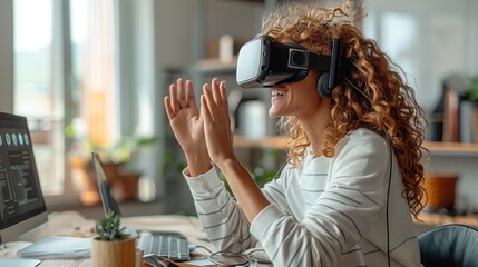 A woman wearing a VR headset sits at a desk and participates in a virtual conference.