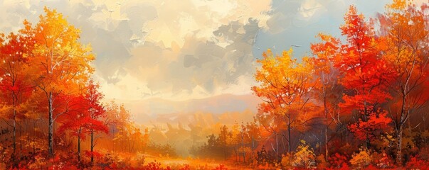 A vibrant autumn landscape with trees ablaze with colors of red, orange, and yellow.