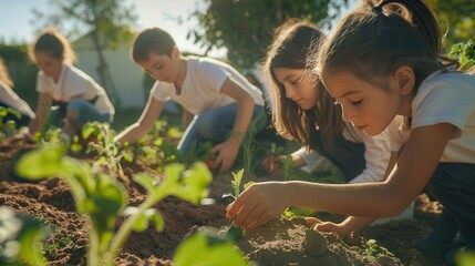 A group of young students planting vegetables in the soil of the school garden, learning about sustainability and climate change. Emotion and collaboration in detailed.