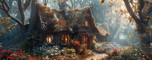 Enchanted Forest Fairy Tale Cottage, 4K hyperrealistic photo