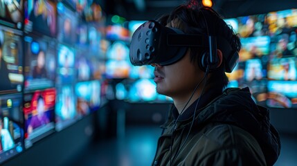 A remote worker wearing a virtual reality headset participates in a virtual conference in a brightly lit office space.