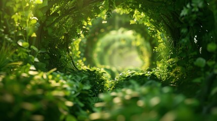 A captivating tunnel of lush greenery, inviting viewers to explore a serene, natural pathway filled with vibrant foliage.