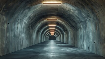 Fototapeta premium A long, dimly lit concrete tunnel with arching walls and lights creating a mysterious atmosphere.