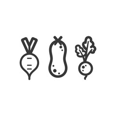 Obraz premium Black and White Line Drawings of Turnips a Peanut and Radishes