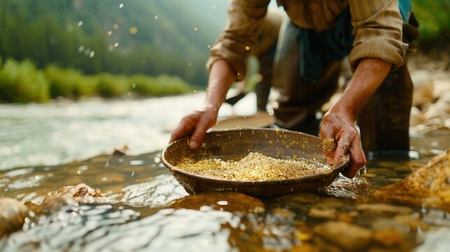 Traditional gold panning in a river with miners carefully sifting sediment for valuable nuggets