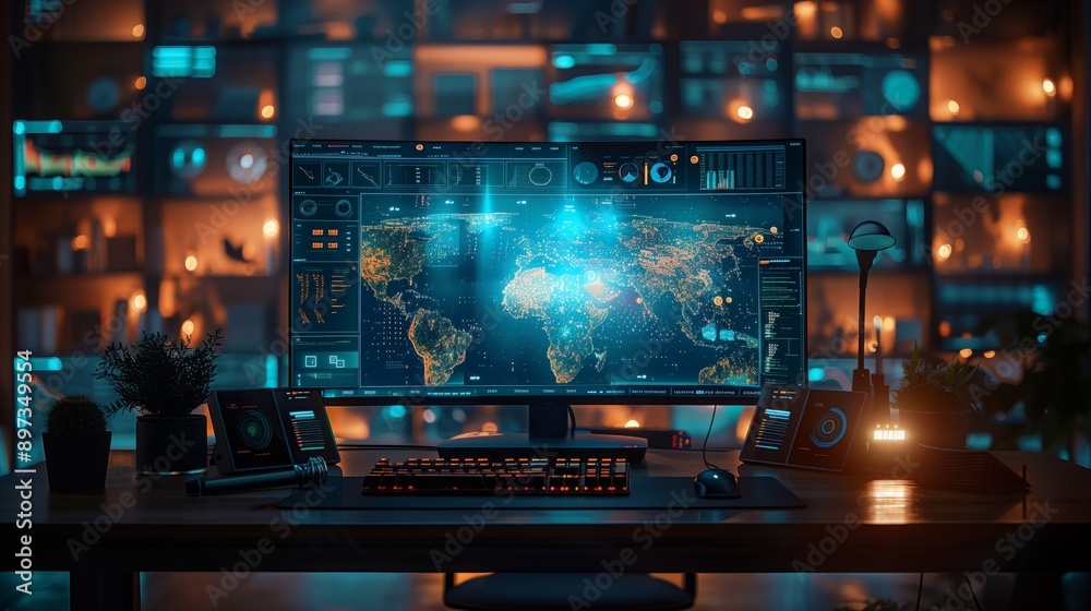 Poster a desk with a computer monitor displaying a world map with glowing dots, a keyboard, a mouse, and a 