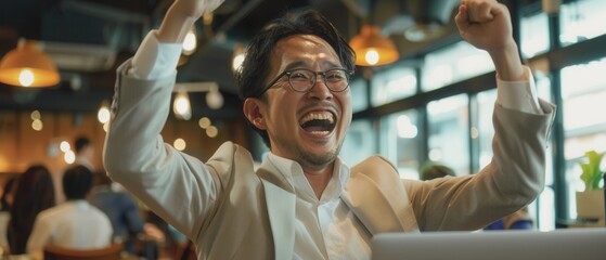 Ecstatic Japanese man in a modern workspace cheering with a laptop after achieving a major milestone
