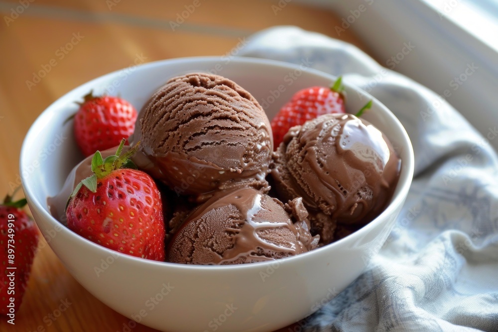 Sticker Chocolate ice cream scoops melting in a bowl and topped with fresh strawberries