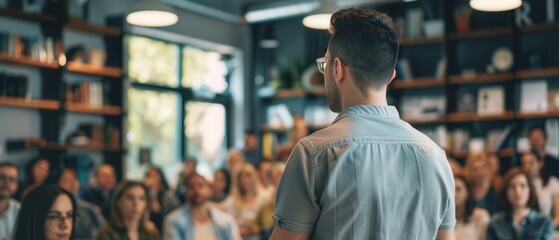 Fototapeta premium Energizing pep talk during a team meeting with a charismatic leader encouraging a group of professionals