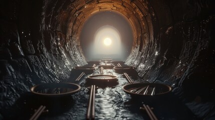 A mysterious tunnel illuminated by soft light, featuring water flow and circular structures, creating an intriguing ambiance.