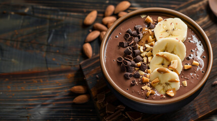 Fototapeta premium Fruit and chocolate smoothie in a deep bowl decorated with chocolate drops, banana, and crushed almonds with cocoa
