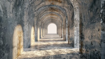 A serene hallway with arched walls and soft lighting, leading towards a bright, inviting exit, perfect for conveying tranquility.