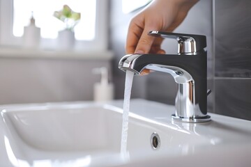 Water Flowing From Faucet in Bathroom