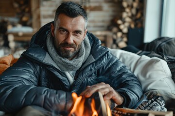 Fototapeta premium A close-up shot of a man wearing a blue jacket and scarf, warming his hands by a fire, set against a rustic and cozy backdrop, embodying warmth and solace during cold weather.