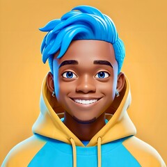 Cute 3d cartoon young black man with blue hair, large blue eyes, wearing yellow hoodie, yellow background, smiling, kawaii aesthetic, character art, ambient occlusion, ultra realistic