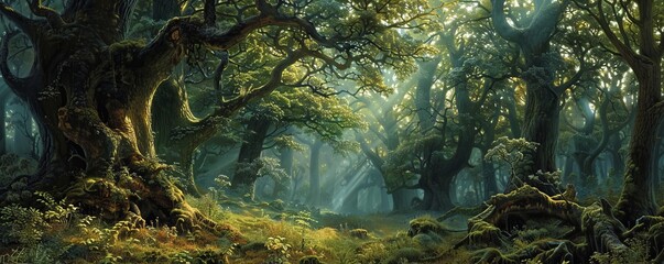 An ancient forest filled with towering trees and hidden glades, where magic is said to dwell among the roots and branches.