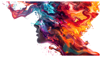 Illustration of brain with thoughts made with colorful paint splashes isolated on a transparent background, PNG