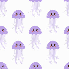 Cute jellyfish seamless pattern. Kawaii background for children. Under the sea, water animal character, ocean fauna. Flat vector design.	