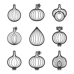 Nine Different Line Drawings of Onions in Black and White