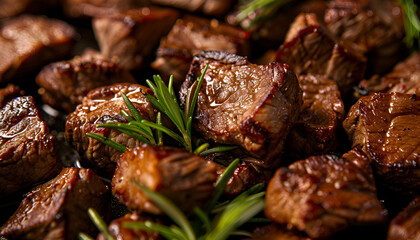 close-up of grilled beef cubes with rosemary garnish