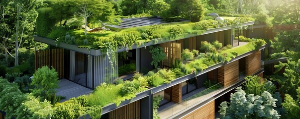 Eco-friendly building with green roof, 4K hyperrealistic photo