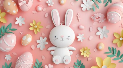 Obraz premium Adorable bunny surrounded by pastel Easter eggs in 3D paper art, celebrating Easter Day.