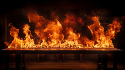 Obraz premium Wooden table with fire border, sparks, smoke for product display on dark background