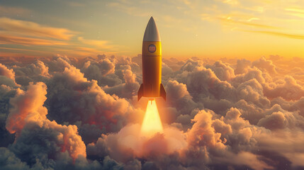 Naklejka premium Image of a Golden Rocket Launching from a Geometric Arrow Shape Stationary in Side View Amidst a Sea of Clouds in a Dramatic Dawn Sky with Warm