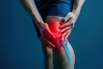 Thigh pain with a red highlight on the affected area, banner, with copy space