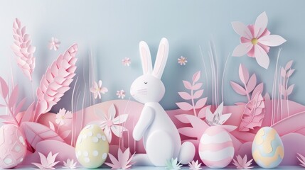 Obraz premium Bunny and Easter eggs in pastel 3D paper art, celebrating a Happy Easter Day.