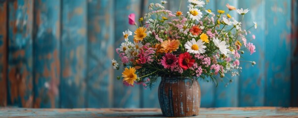 Bouquet of wildflowers in rustic wooden vase with delicate petals