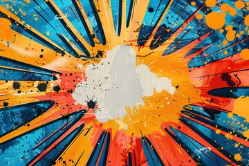 Vibrant abstract painting with explosive colors, featuring blue, yellow, orange splatters and streaks, presents a dynamic and energetic composition.