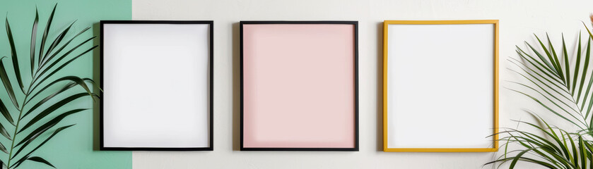 Three empty picture frames with black, pink, and yellow borders on a white wall, surrounded by green plants.