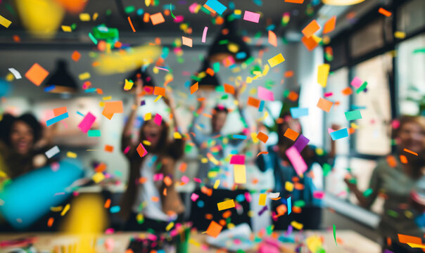 Colorful confetti falling in an office celebration with blurred cheering people in the background