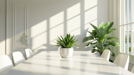 a white table, conference room scene, green plants potted plants, the scene is white, sunny, clean