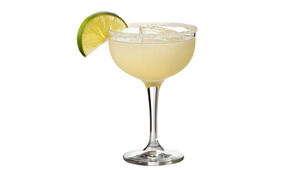 A glass of margarita with a lime wedge on top isolated on a transparent background