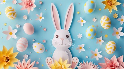 Fototapeta premium Cheerful pastel bunny surrounded by Easter eggs in paper art, Happy Easter Day